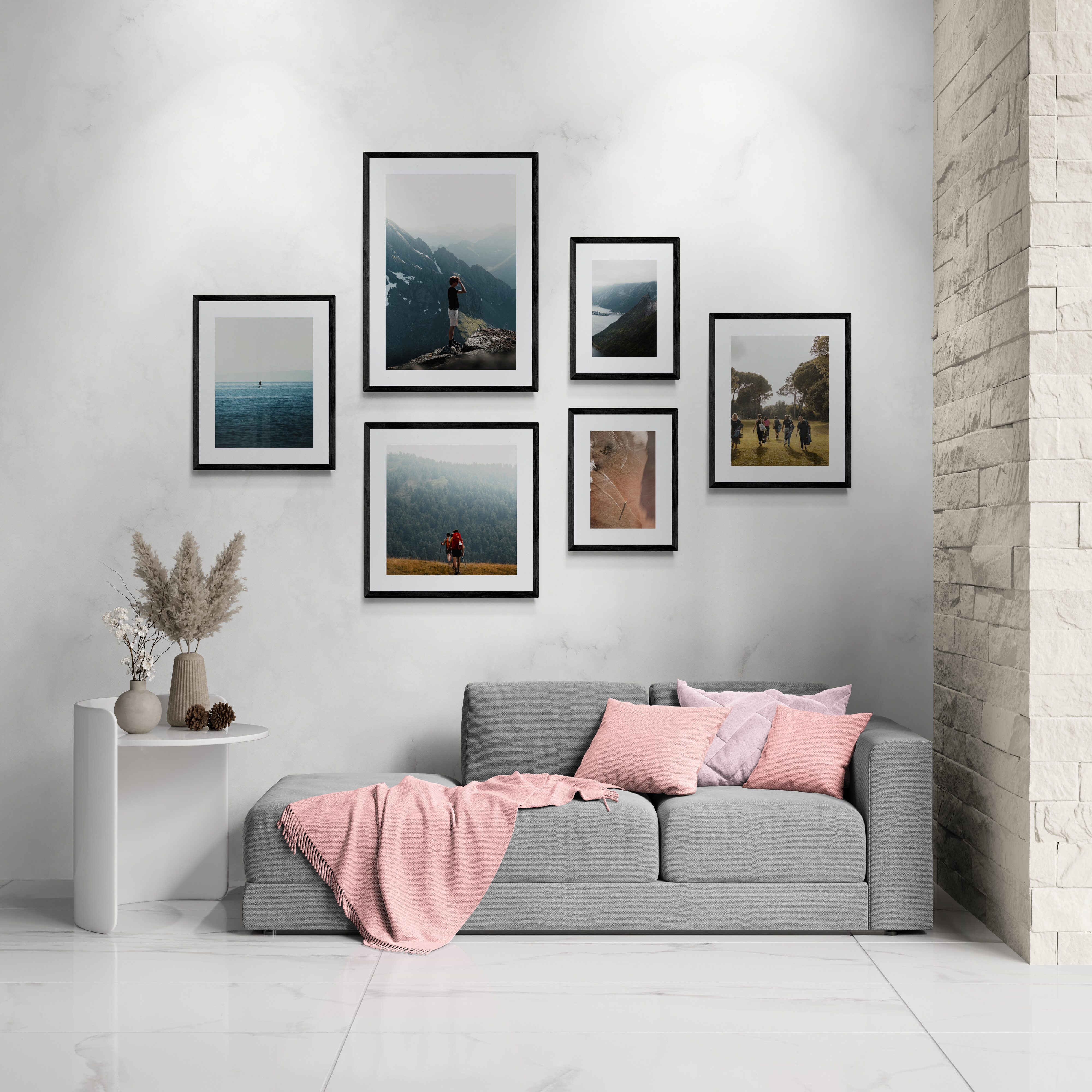 A framed gallery wall suited to for business